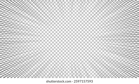 Comic book page with black lines isolated on transparent background. Template with flash explosion rays effect texture. Vector illustration