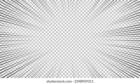 Comic book page with black lines isolated on transparent background. Template with flash explosion rays effect texture. Vector illustration