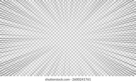 Comic book page with black lines isolated on transparent background. Template with flash explosion rays effect texture. Vector illustration