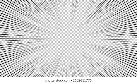 Comic book page with black lines isolated on transparent background. Template with flash explosion rays effect texture. Vector illustration