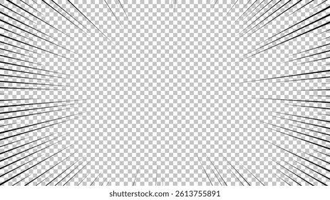 Comic book page with black lines isolated on transparent background. Template with flash explosion rays effect texture. Vector illustration