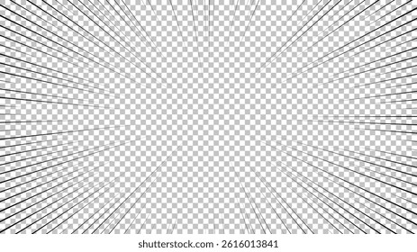 Comic book page with black lines isolated on transparent background. Template with flash explosion rays effect texture. Vector illustration