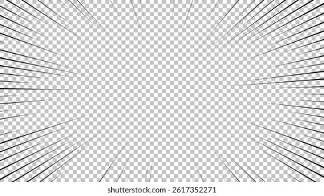 Comic book page with black lines isolated on transparent background. Template with flash explosion rays effect texture. Vector illustration