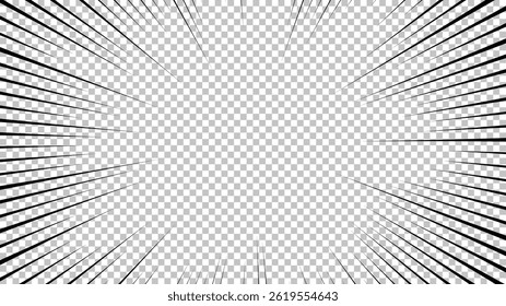 Comic book page with black lines isolated on transparent background. Template with flash explosion rays effect texture. Vector illustration