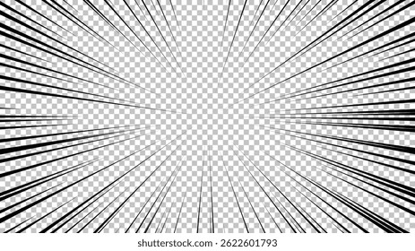 Comic book page with black lines isolated on transparent background. Template with flash explosion rays effect texture. Vector illustration