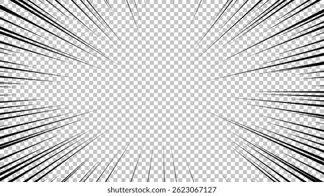 Página de cómic con líneas negras aisladas sobre fondo transparente. Plantilla con textura de efecto de rayos de explosión relámpago. Ilustración vectorial