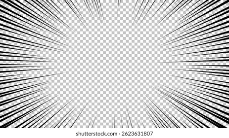 Comic book page with black lines isolated on transparent background. Template with flash explosion rays effect texture. Vector illustration
