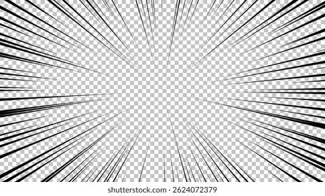 Comic book page with black lines isolated on transparent background. Template with flash explosion rays effect texture. Vector illustration