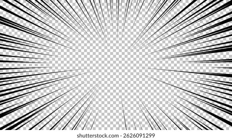 Comic book page with black lines isolated on transparent background. Template with flash explosion rays effect texture. Vector illustration