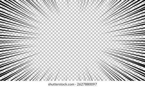 Comic book page with black lines isolated on transparent background. Template with flash explosion rays effect texture. Vector illustration
