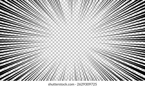Página de quadrinhos com linhas pretas isoladas no plano de fundo transparente. Modelo com textura de efeito de raios de explosão flash. Ilustração vetorial