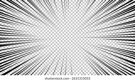 Comic book page with black lines isolated on transparent background. Template with flash explosion rays effect texture. Vector illustration