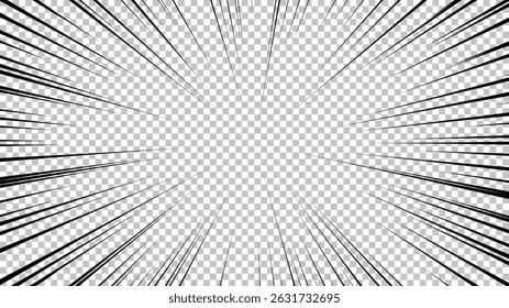 Página de cómic con líneas negras aisladas sobre fondo transparente. Plantilla con textura de efecto de rayos de explosión relámpago. Ilustración vectorial