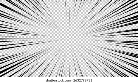 Comic book page with black lines isolated on transparent background. Template with flash explosion rays effect texture. Vector illustration
