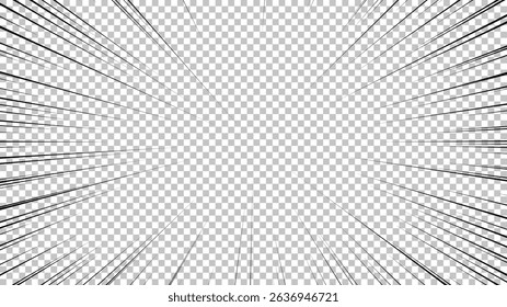 Página de cómic con líneas negras aisladas sobre fondo transparente. Plantilla con textura de efecto de rayos de explosión relámpago. Ilustración vectorial