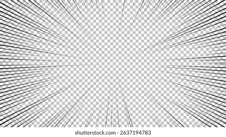 Comic book page with black lines isolated on transparent background. Template with flash explosion rays effect texture. Vector illustration