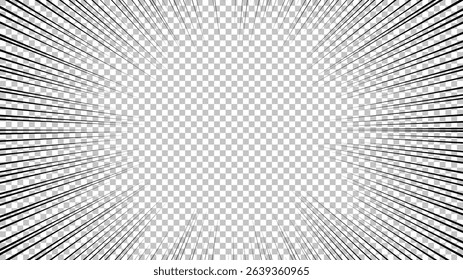 Comic book page with black lines isolated on transparent background. Template with flash explosion rays effect texture. Vector illustration