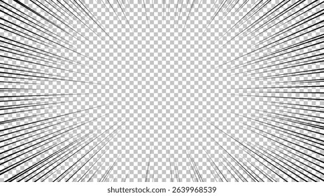 Comic book page with black lines isolated on transparent background. Template with flash explosion rays effect texture. Vector illustration