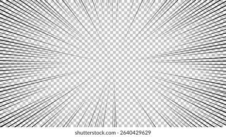 Comic book page with black lines isolated on transparent background. Template with flash explosion rays effect texture. Vector illustration