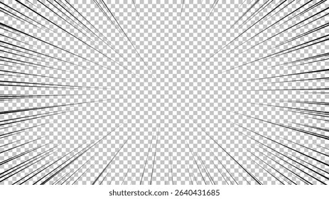 Comic book page with black lines isolated on transparent background. Template with flash explosion rays effect texture. Vector illustration