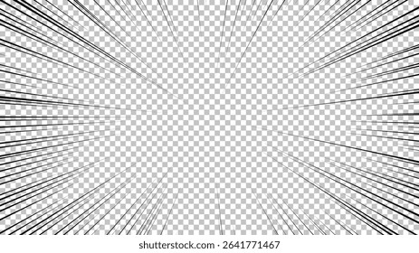 Comic book page with black lines isolated on transparent background. Template with flash explosion rays effect texture. Vector illustration
