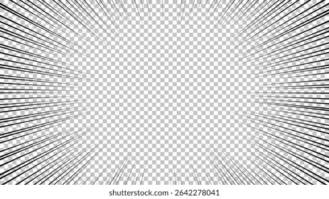 Página de quadrinhos com linhas pretas isoladas no plano de fundo transparente. Modelo com textura de efeito de raios de explosão flash. Ilustração vetorial