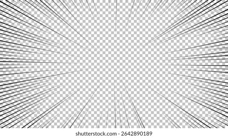 Página de quadrinhos com linhas pretas isoladas no plano de fundo transparente. Modelo com textura de efeito de raios de explosão flash. Ilustração vetorial