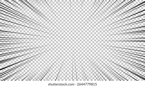 Página de quadrinhos com linhas pretas isoladas no plano de fundo transparente. Modelo com textura de efeito de raios de explosão flash. Ilustração vetorial