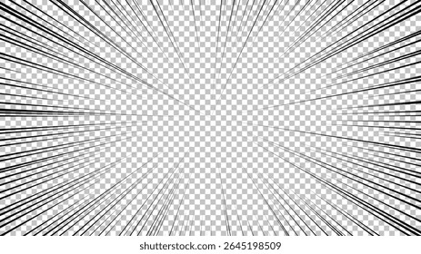 Comic book page with black lines isolated on transparent background. Template with flash explosion rays effect texture. Vector illustration