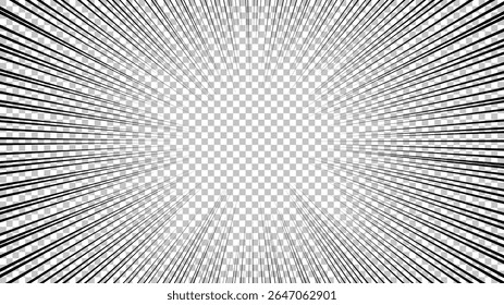 Página de cómic con líneas negras aisladas sobre fondo transparente. Plantilla con textura de efecto de rayos de explosión relámpago. Ilustración vectorial