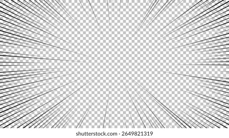 Página de cómic con líneas negras aisladas sobre fondo transparente. Plantilla con textura de efecto de rayos de explosión relámpago. Ilustración vectorial