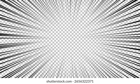 Página de quadrinhos com linhas pretas isoladas no plano de fundo transparente. Modelo com textura de efeito de raios de explosão flash. Ilustração vetorial