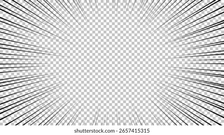 Comic book page with black lines isolated on transparent background. Template with flash explosion rays effect texture. Vector illustration