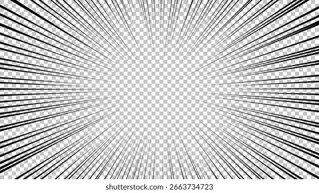 Página de quadrinhos com linhas pretas isoladas no plano de fundo transparente. Modelo com textura de efeito de raios de explosão flash. Ilustração vetorial
