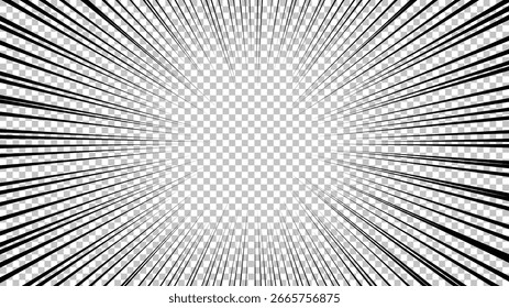 Comic book page with black lines isolated on transparent background. Template with flash explosion rays effect texture. Vector illustration
