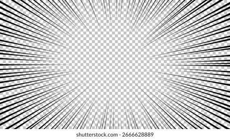 Comic book page with black lines isolated on transparent background. Template with flash explosion rays effect texture. Vector illustration