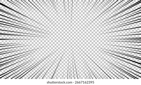 Página de cómic con líneas negras aisladas sobre fondo transparente. Plantilla con textura de efecto de rayos de explosión relámpago. Ilustración vectorial