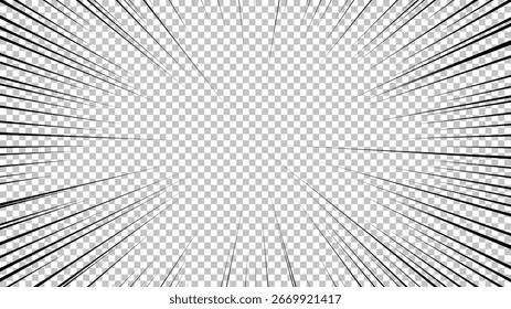 Comic book page with black lines isolated on transparent background. Template with flash explosion rays effect texture. Vector illustration