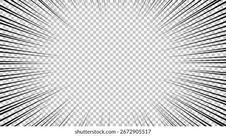 Comic book page with black lines isolated on transparent background. Template with flash explosion rays effect texture. Vector illustration