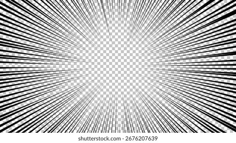 Comic book page with black lines isolated on transparent background. Template with flash explosion rays effect texture. Vector illustration