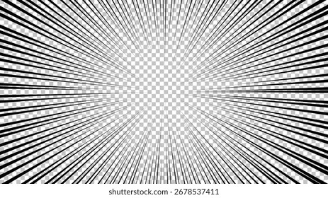 Página de cómic con líneas negras aisladas sobre fondo transparente. Plantilla con textura de efecto de rayos de explosión relámpago. Ilustración vectorial