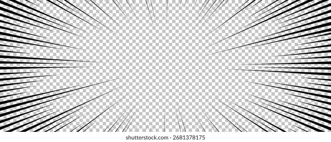 Página de quadrinhos com linhas pretas isoladas no plano de fundo transparente. Modelo com textura de efeito de raios de explosão flash. Ilustração vetorial