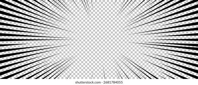 Página de quadrinhos com linhas pretas isoladas no plano de fundo transparente. Modelo com textura de efeito de raios de explosão flash. Ilustração vetorial