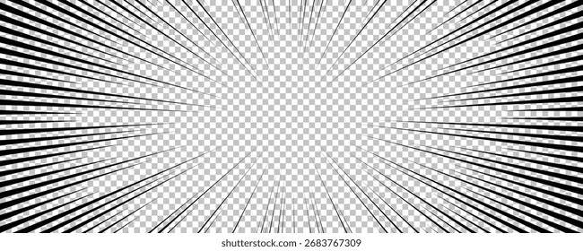 Comic book page with black lines isolated on transparent background. Template with flash explosion rays effect texture. Vector illustration