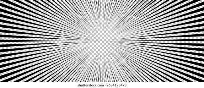 Página de quadrinhos com linhas pretas isoladas no plano de fundo transparente. Modelo com textura de efeito de raios de explosão flash. Ilustração vetorial