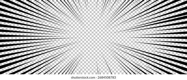 Comic book page with black lines isolated on transparent background. Template with flash explosion rays effect texture. Vector illustration