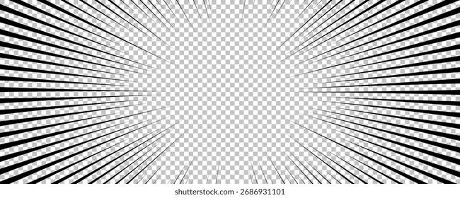 Comic book page with black lines isolated on transparent background. Template with flash explosion rays effect texture. Vector illustration