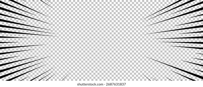 Página de cómic con líneas negras aisladas sobre fondo transparente. Plantilla con textura de efecto de rayos de explosión relámpago. Ilustración vectorial