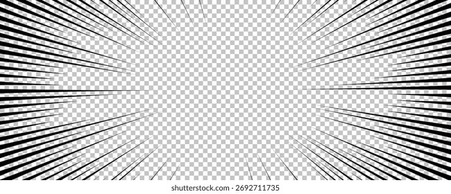 Comic book page with black lines isolated on transparent background. Template with flash explosion rays effect texture. Vector illustration
