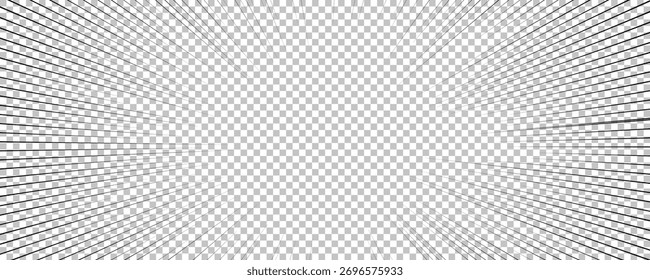 Página de quadrinhos com linhas pretas isoladas no plano de fundo transparente. Modelo com textura de efeito de raios de explosão flash. Ilustração vetorial